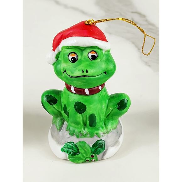 Christmas Bell Ornament Frog Racoon Skunk 3 1/4" Ceramic 1987 Taiwan x3 Holidays - Picture 3 of 15